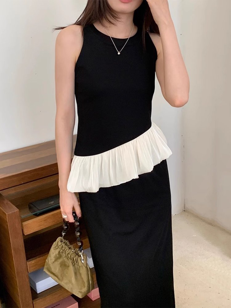Wholesale 2024 Summer New Retro Elegant Irregular Ruffle Edge Vest High Waist Waist Bag Hip Half Skirt Women's Set