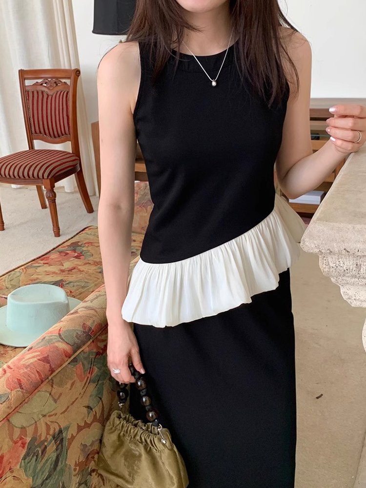 Wholesale 2024 Summer New Retro Elegant Irregular Ruffle Edge Vest High Waist Waist Bag Hip Half Skirt Women's Set