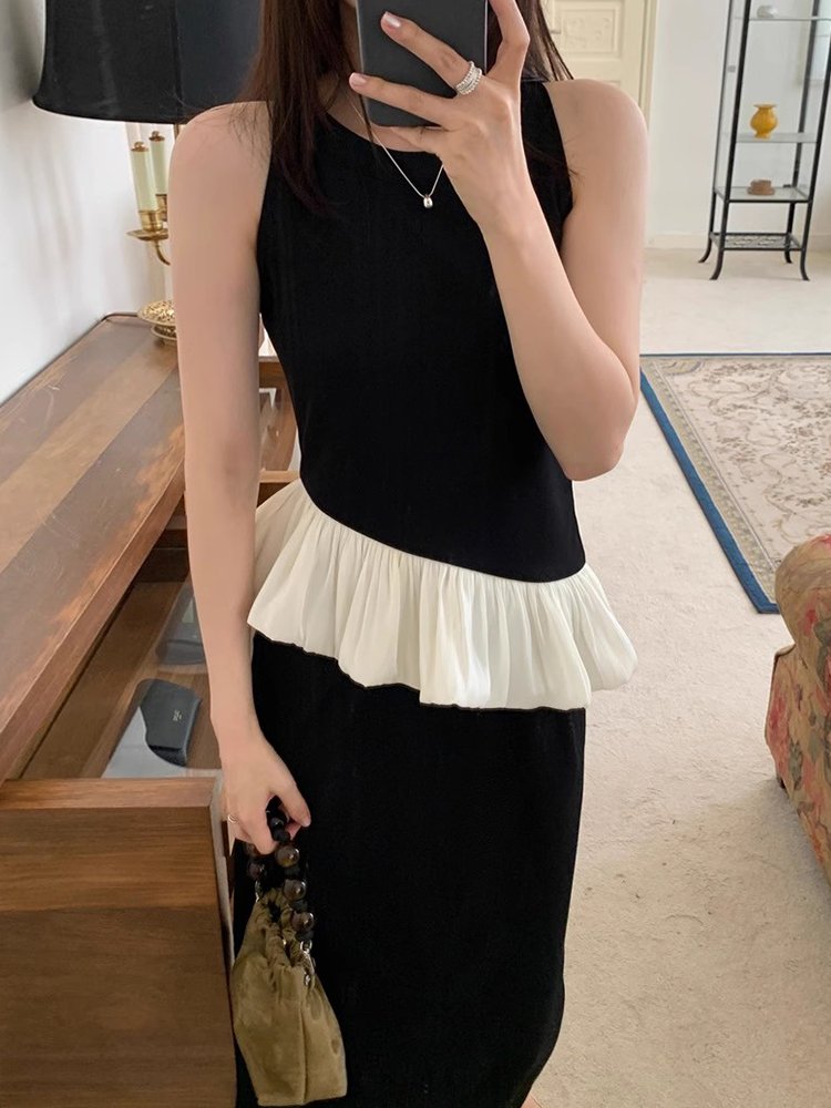Wholesale 2024 Summer New Retro Elegant Irregular Ruffle Edge Vest High Waist Waist Bag Hip Half Skirt Women's Set