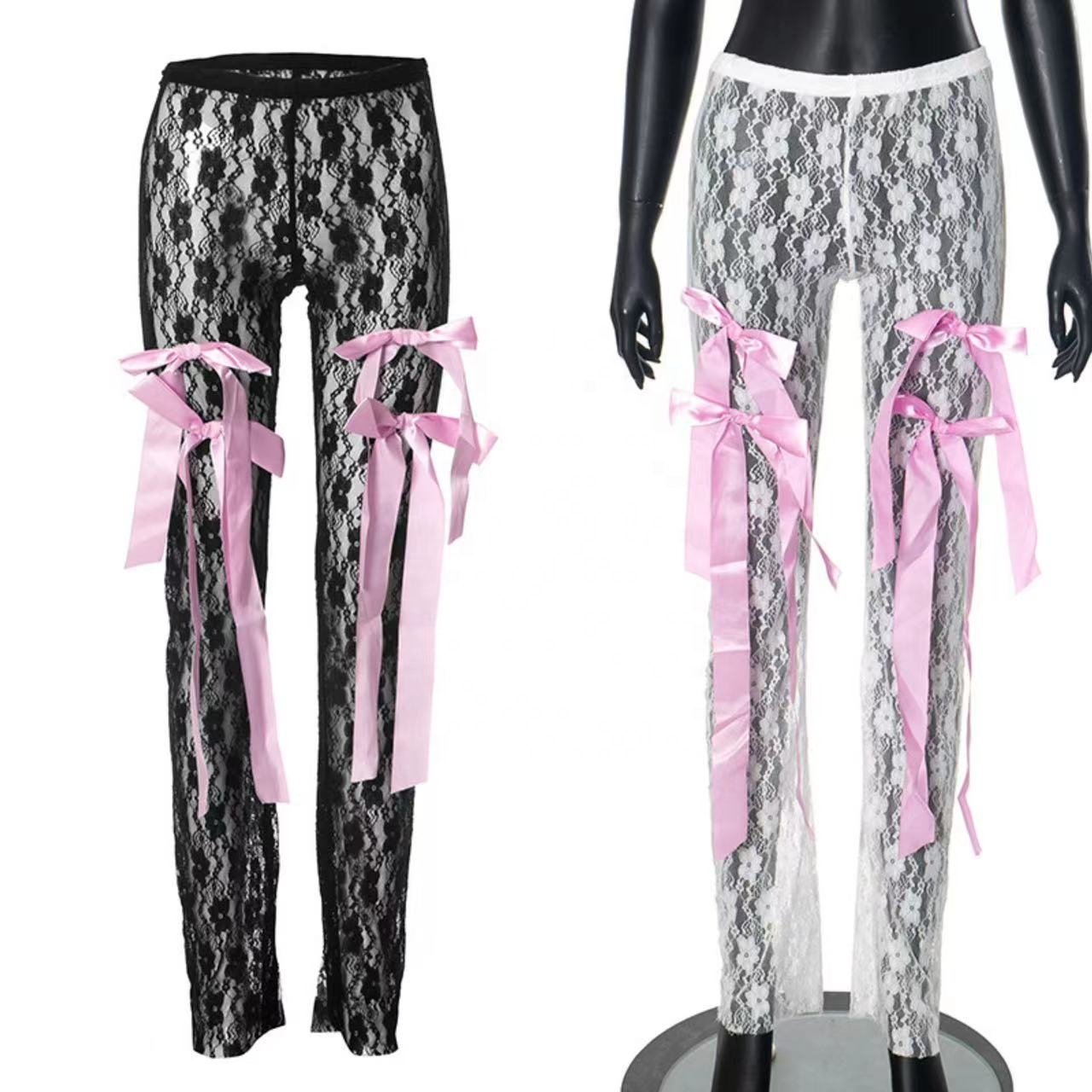 Peeqi Women Summer Graphic Print Crop Top and Butterfly Lace See Through Pants and Bow sexy 3 piece set women streetwear