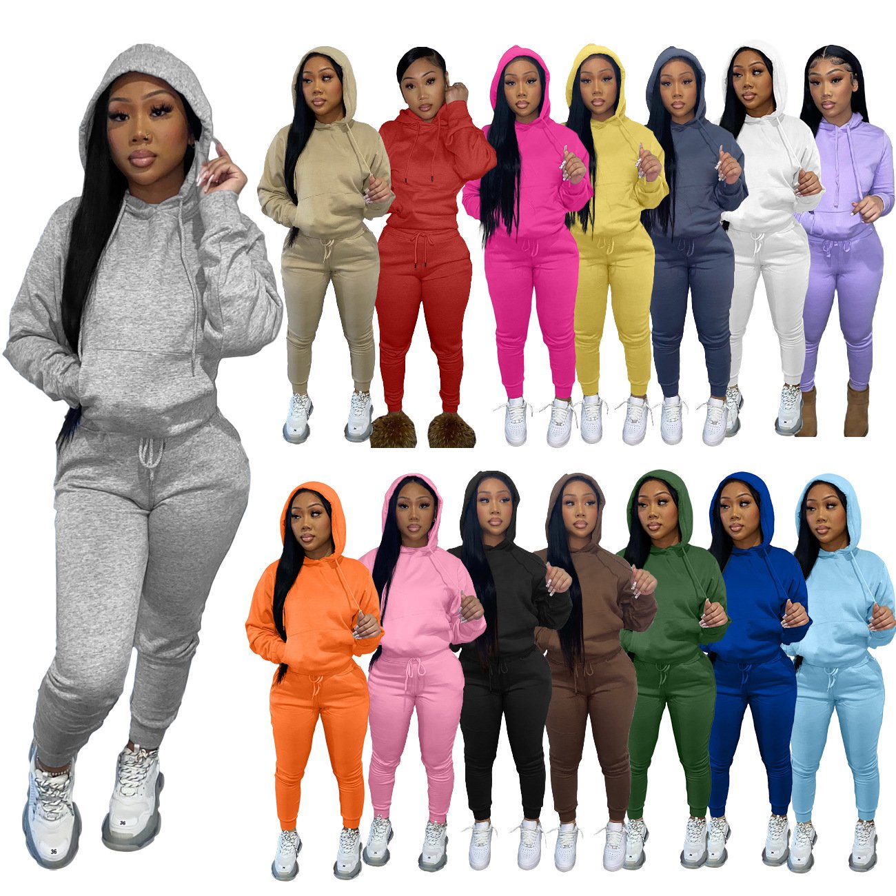 OEM stacked cotton Polyester Joggers sweatsuit sweatpants and Hoodie set plain Fall Clothes Custom logo 2 Piece women tracksuit