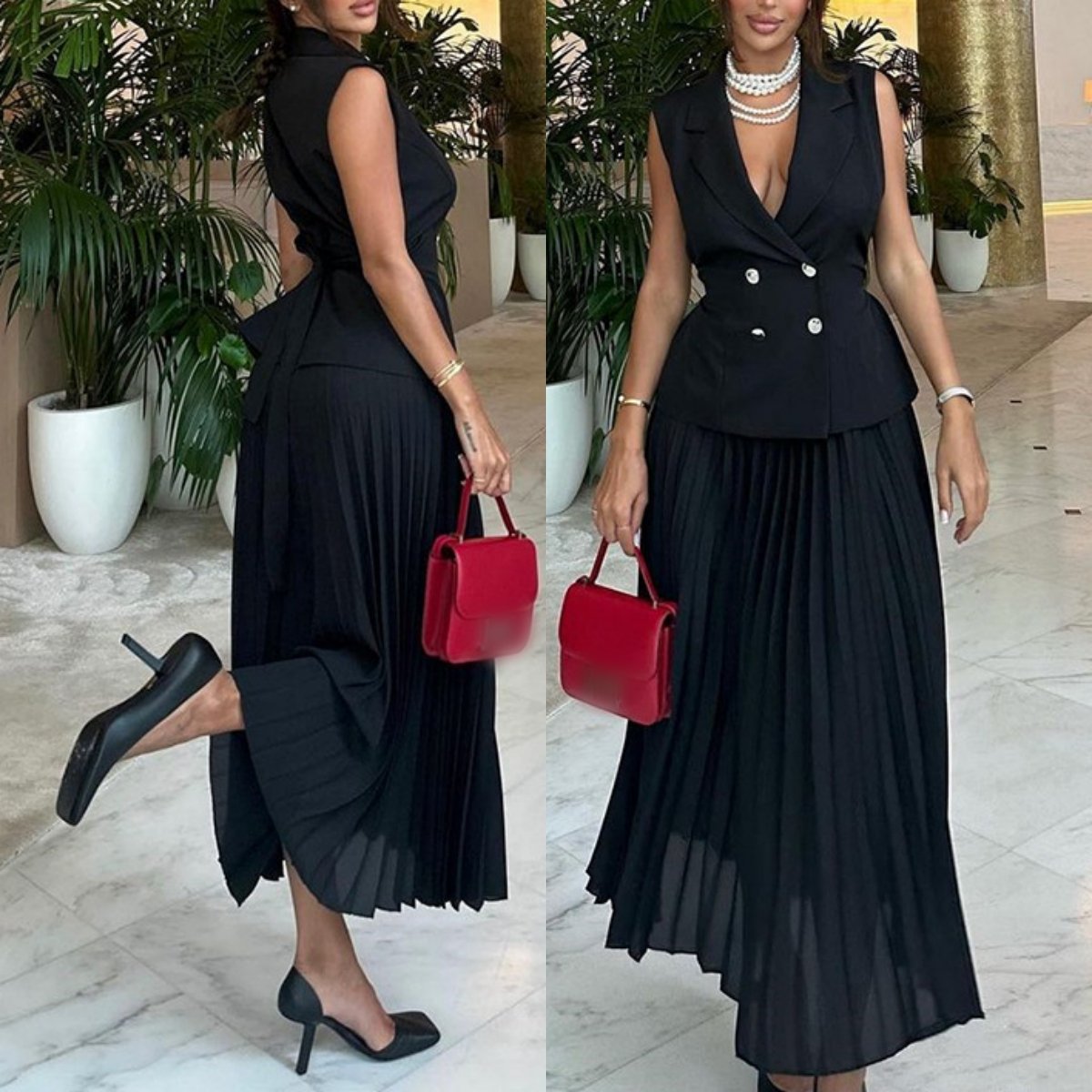 Hk7438 Summer Women Long Skirt Set Elegant Lapel Sleeveless Double Breasted Top And Pleated Skirt Set 2 Piece Outfits For Women