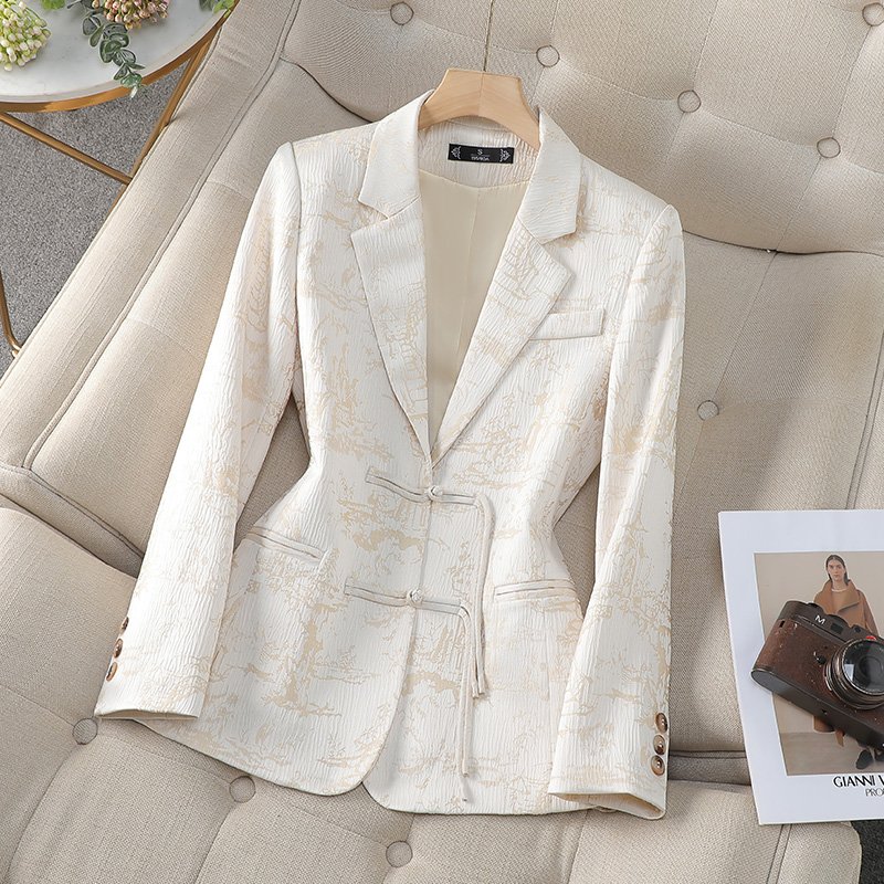 2024 Spring New Style Women's Jacquard Blazer Chinese National Style with Buckle Design