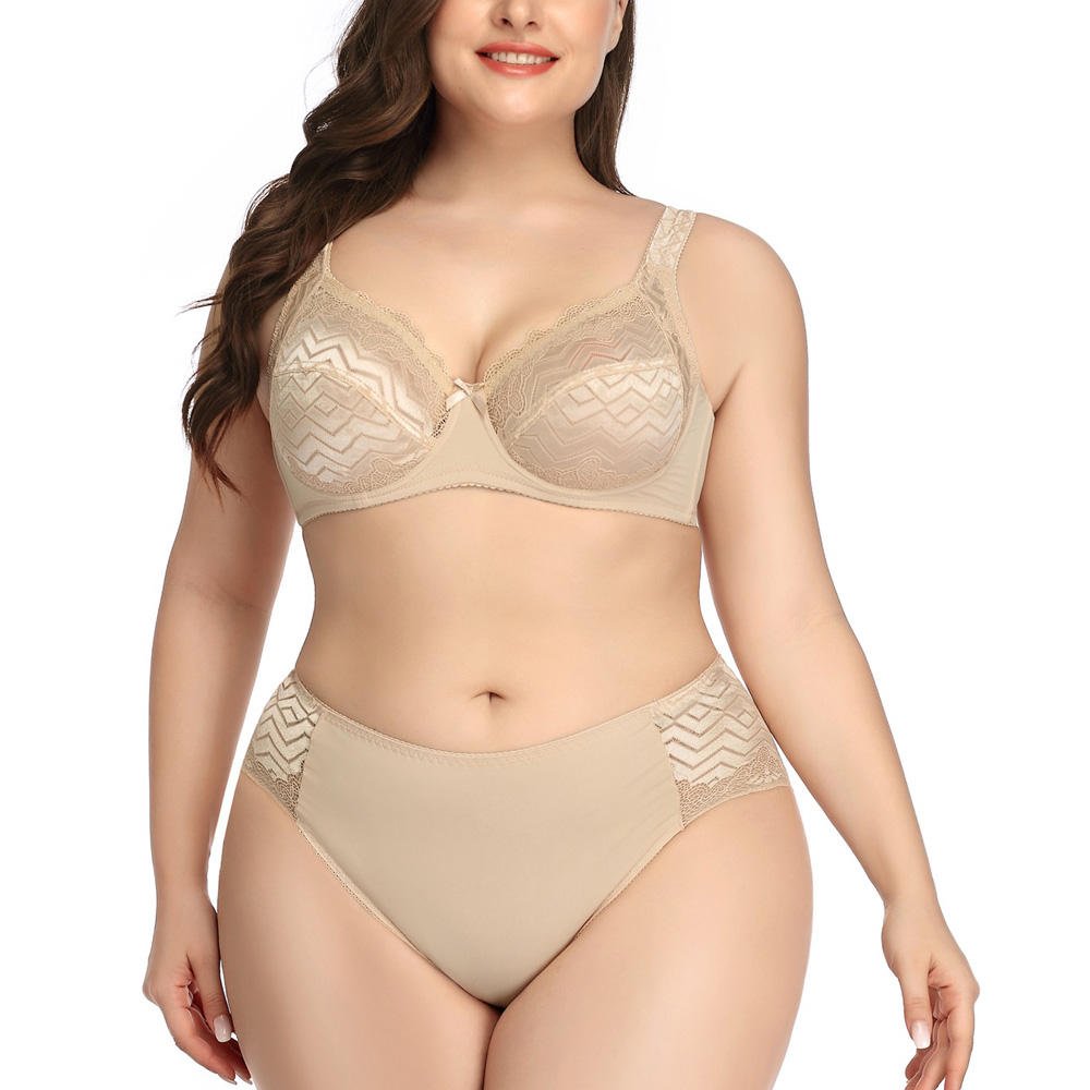 2022 Plus Size Women Bra Panties Set Breathable Transparent Lace Embroidery Back Close Wire Bra Set