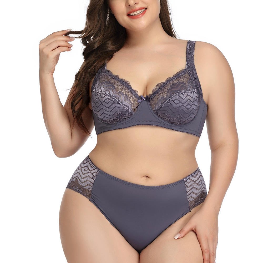 2022 Plus Size Women Bra Panties Set Breathable Transparent Lace Embroidery Back Close Wire Bra Set