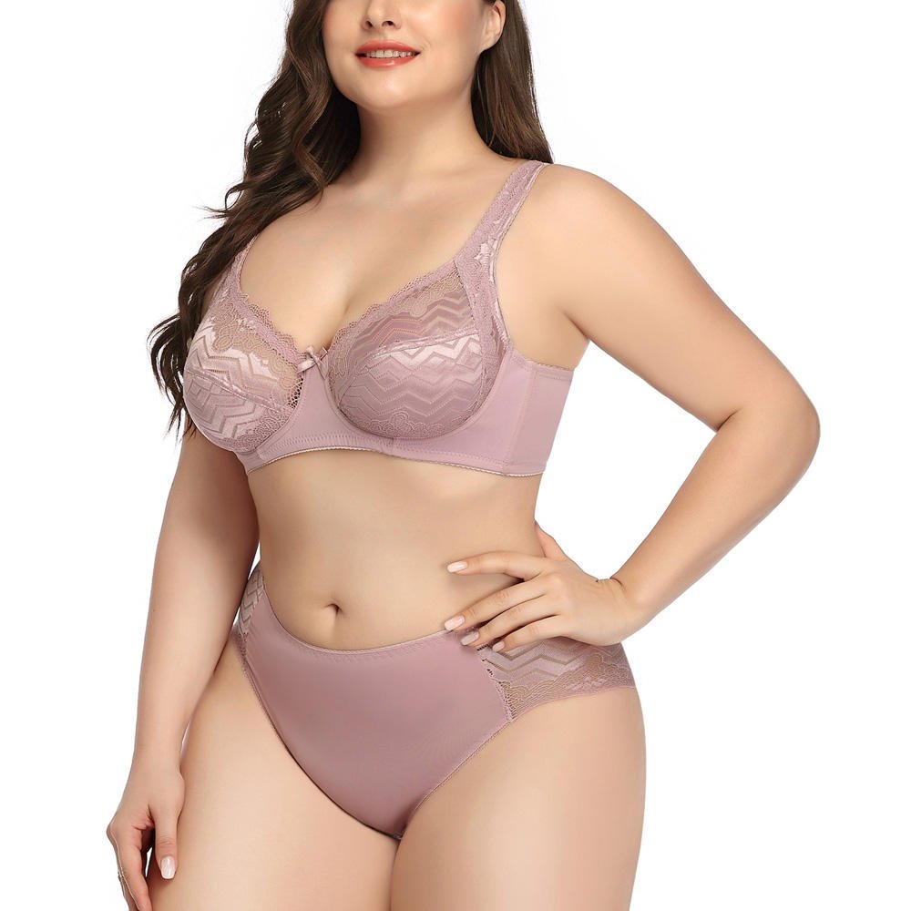2022 Plus Size Women Bra Panties Set Breathable Transparent Lace Embroidery Back Close Wire Bra Set