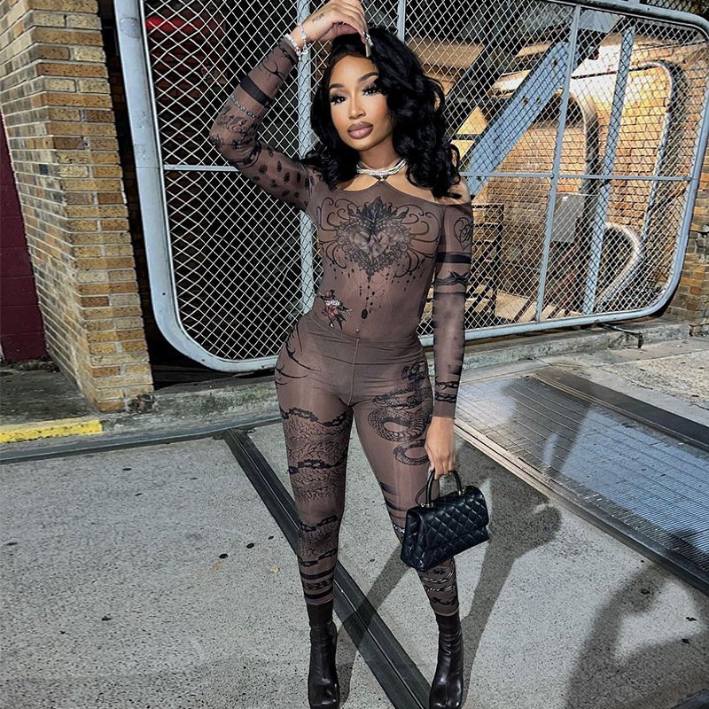YHH0605- Autumn new women's sexy one-line shoulder mesh print one-piece top high waist pant suit women