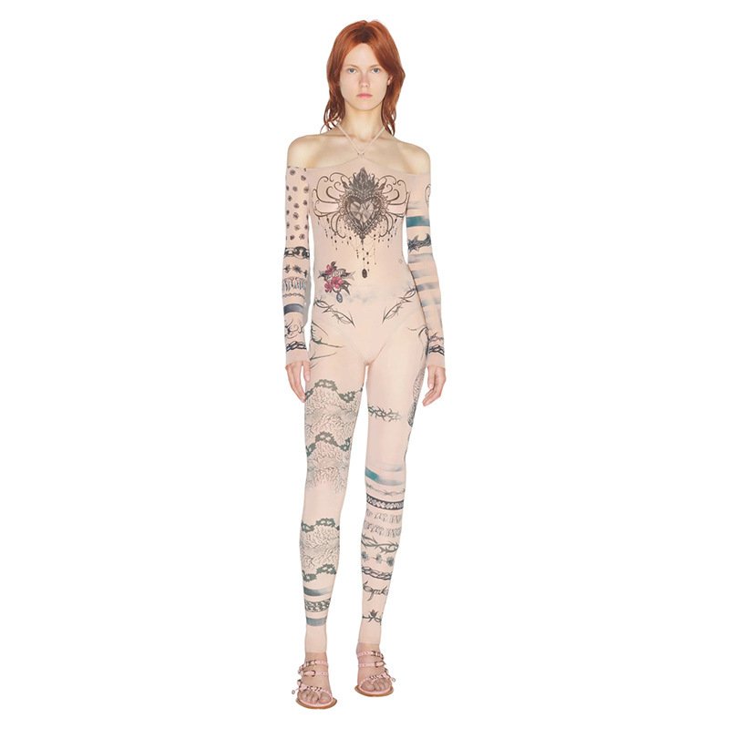 YHH0605- Autumn new women's sexy one-line shoulder mesh print one-piece top high waist pant suit women