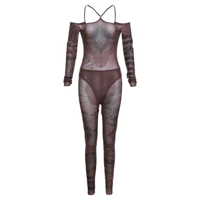 YHH0605- Autumn new women's sexy one-line shoulder mesh print one-piece top high waist pant suit women