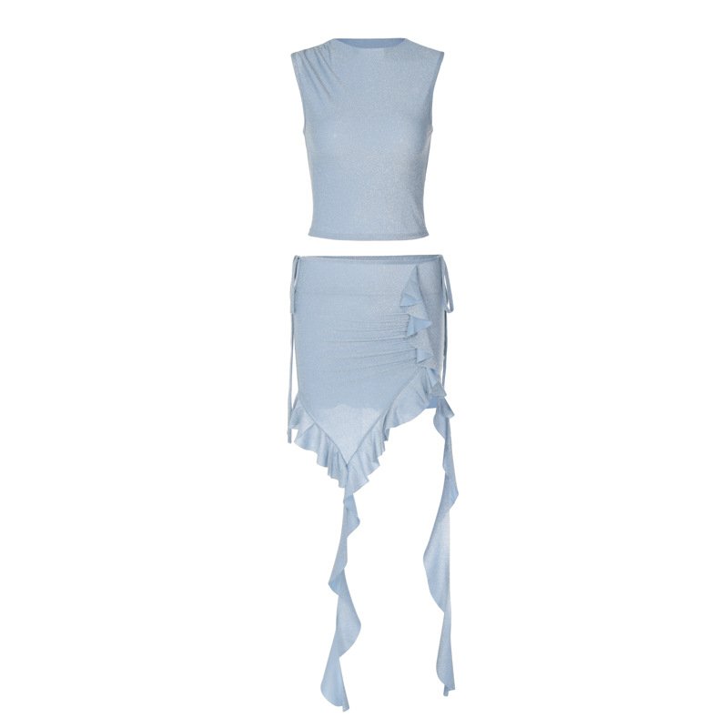 Women's sexy navel exposed shoulder wrap breast long sleeve wrap hip pull rope skirt two piece set women petite dress