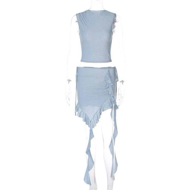 Women's sexy navel exposed shoulder wrap breast long sleeve wrap hip pull rope skirt two piece set women petite dress
