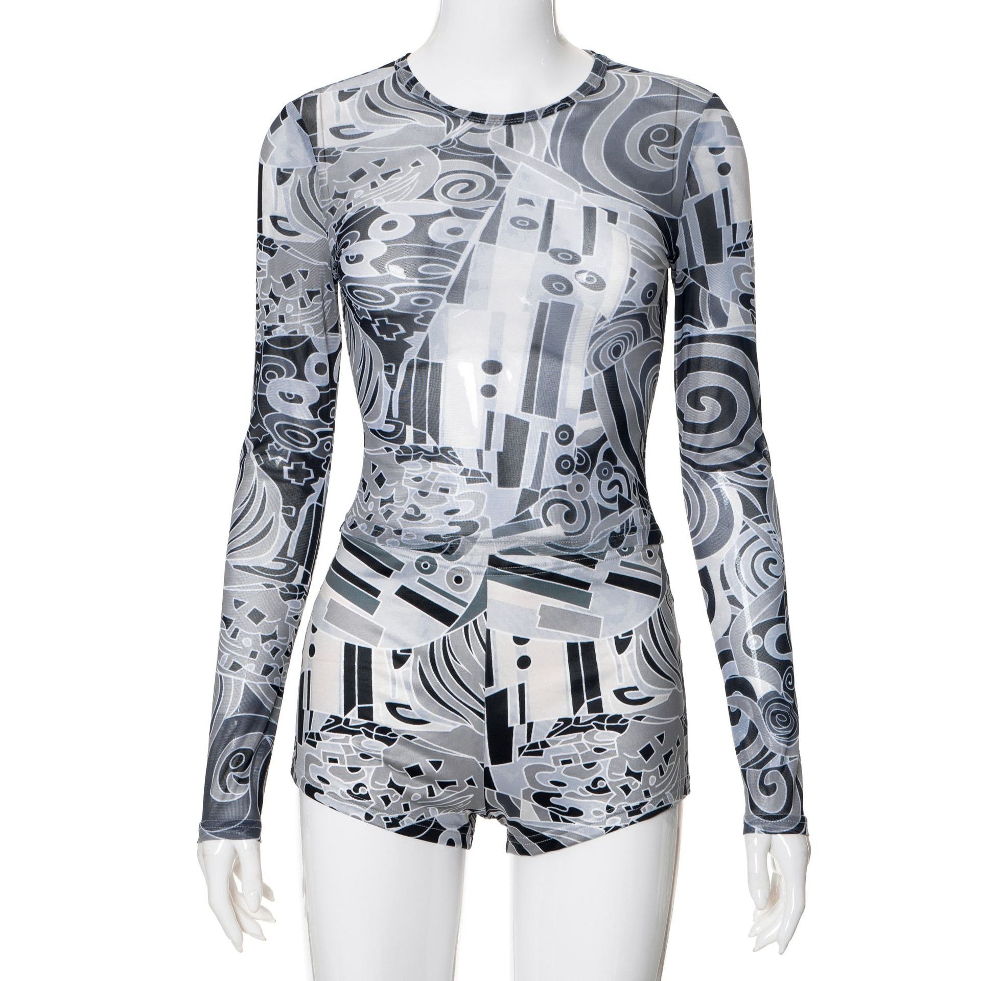 Women New Summer Style Round Neck Long Sleeve Mesh Top Elastic Shorts Casual 2 Pieces Set