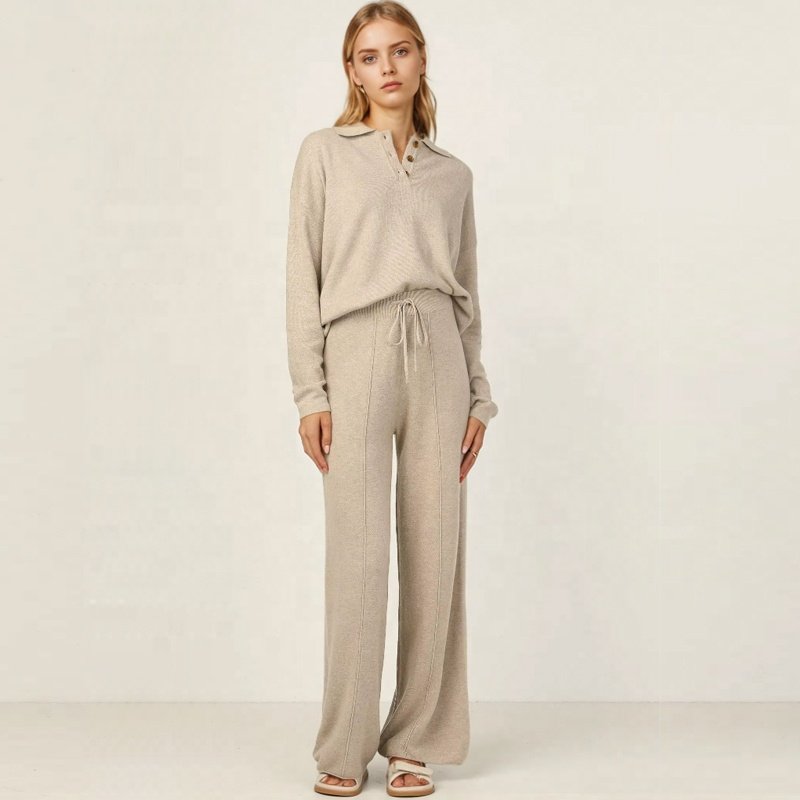 Plus size women's sets Long sleeves polo knitted top and wide leg pants pants two piece lounge sweater set