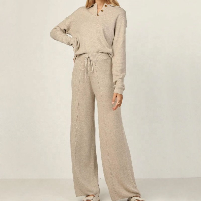 Plus size women's sets Long sleeves polo knitted top and wide leg pants pants two piece lounge sweater set