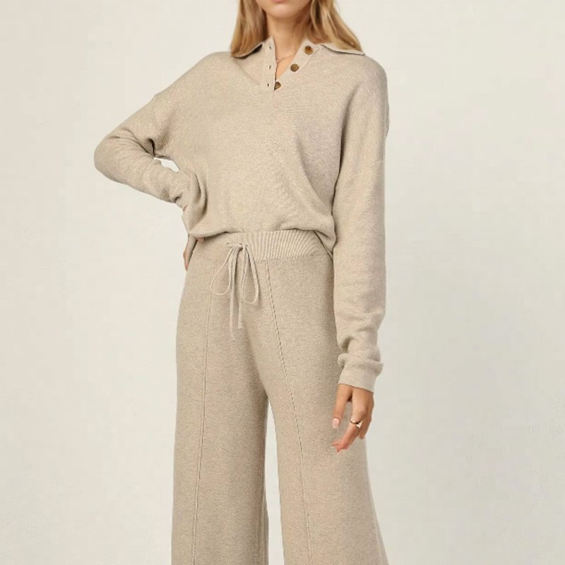 Plus size women's sets Long sleeves polo knitted top and wide leg pants pants two piece lounge sweater set