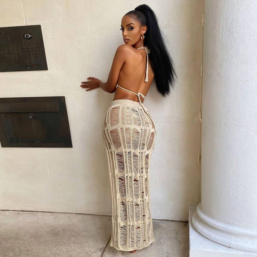 Kliou W22S24989 Knitted Solid Two Pieces Skirts Sets Concise Halter 2 Piece Set Women Hollow Out Women's Set