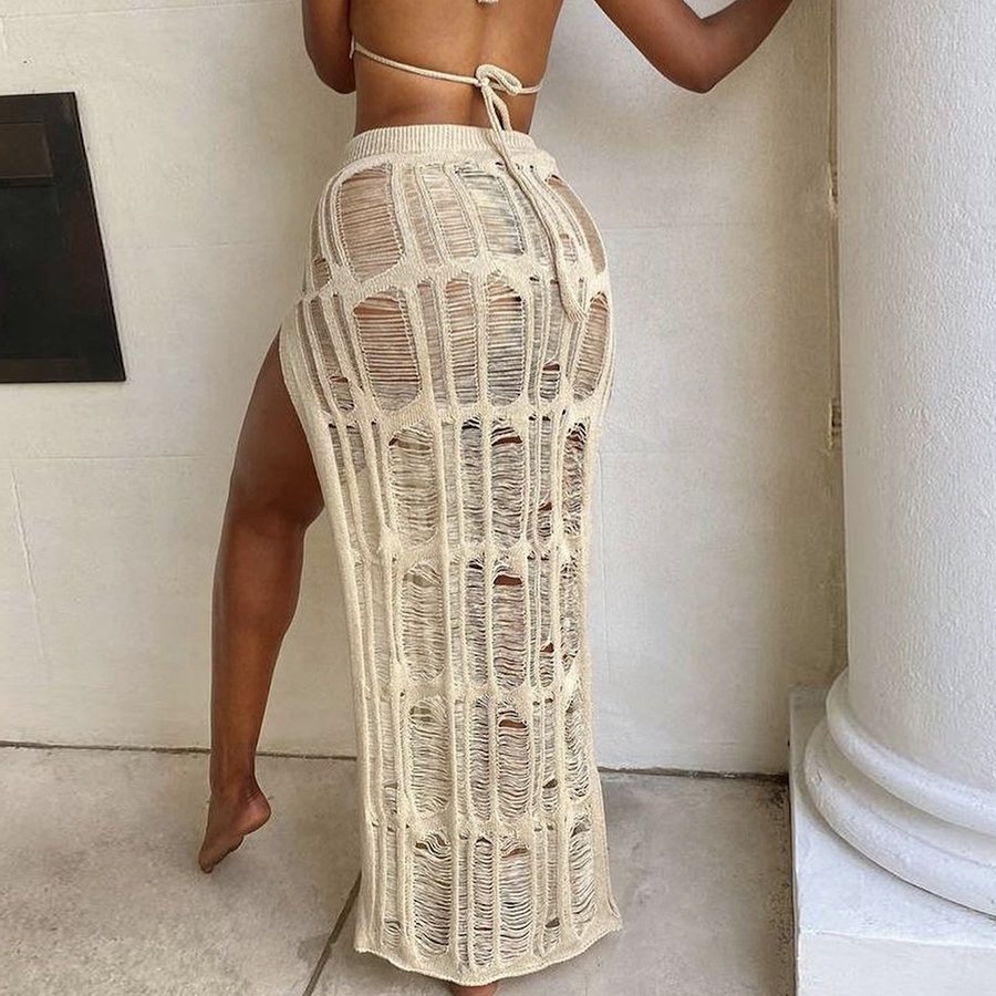 Kliou W22S24989 Knitted Solid Two Pieces Skirts Sets Concise Halter 2 Piece Set Women Hollow Out Women's Set