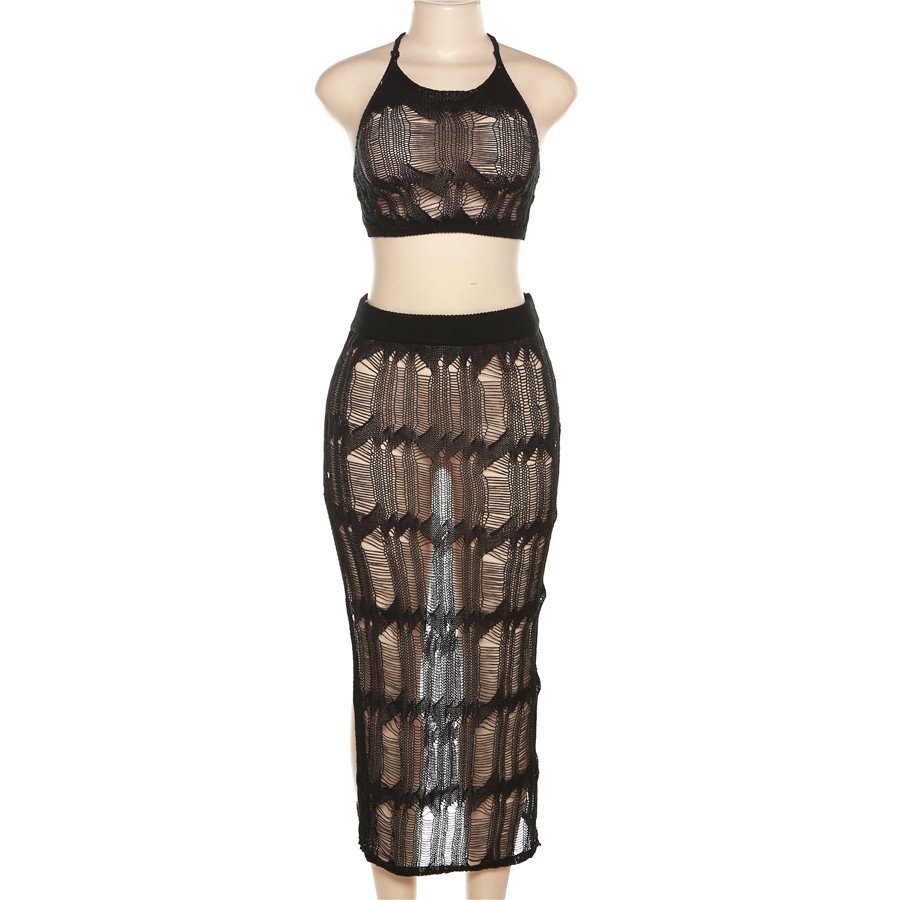 Kliou W22S24989 Knitted Solid Two Pieces Skirts Sets Concise Halter 2 Piece Set Women Hollow Out Women's Set
