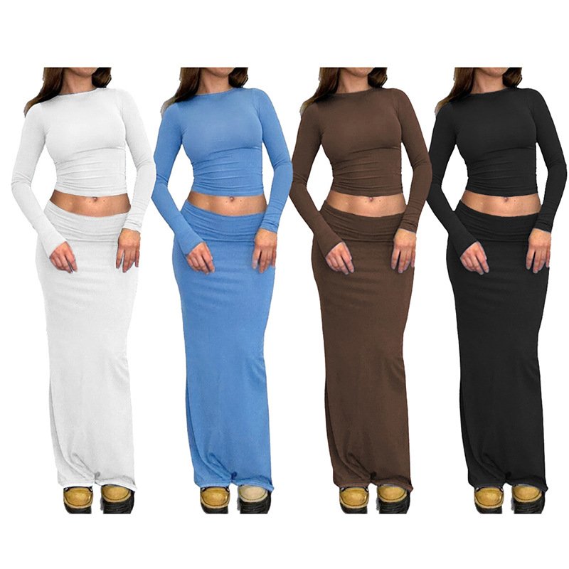 S7465 fashion long sleeve t shirt and long skirt bandage casual 2 piece set women