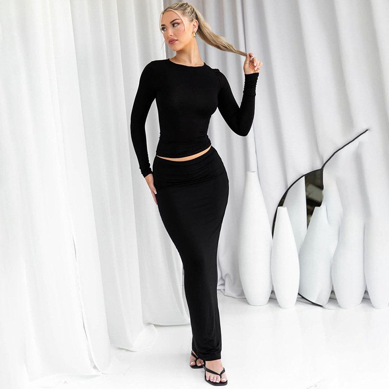 S7465 fashion long sleeve t shirt and long skirt bandage casual 2 piece set women