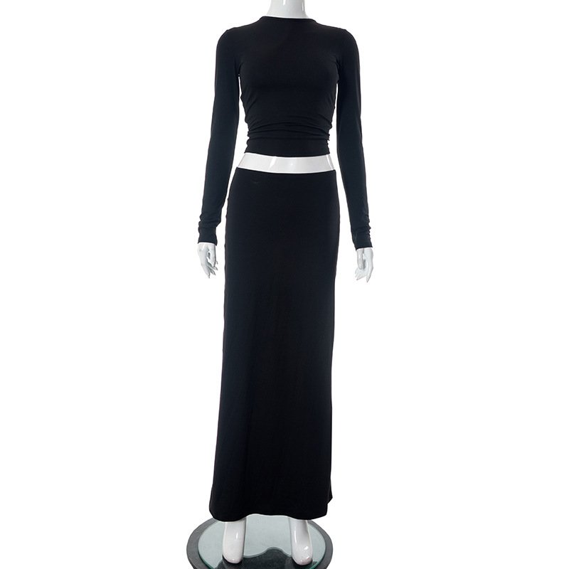 S7465 fashion long sleeve t shirt and long skirt bandage casual 2 piece set women