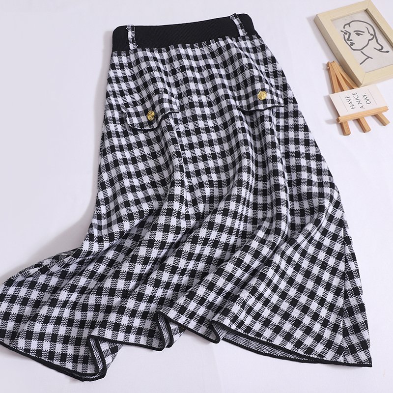 Wholesale 2024 Autumn New Fashionable Style Long Sleeve Knitted Shirt High Waist Slimming Plaid Half Skirt Women's Set