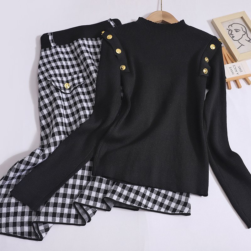 Wholesale 2024 Autumn New Fashionable Style Long Sleeve Knitted Shirt High Waist Slimming Plaid Half Skirt Women's Set