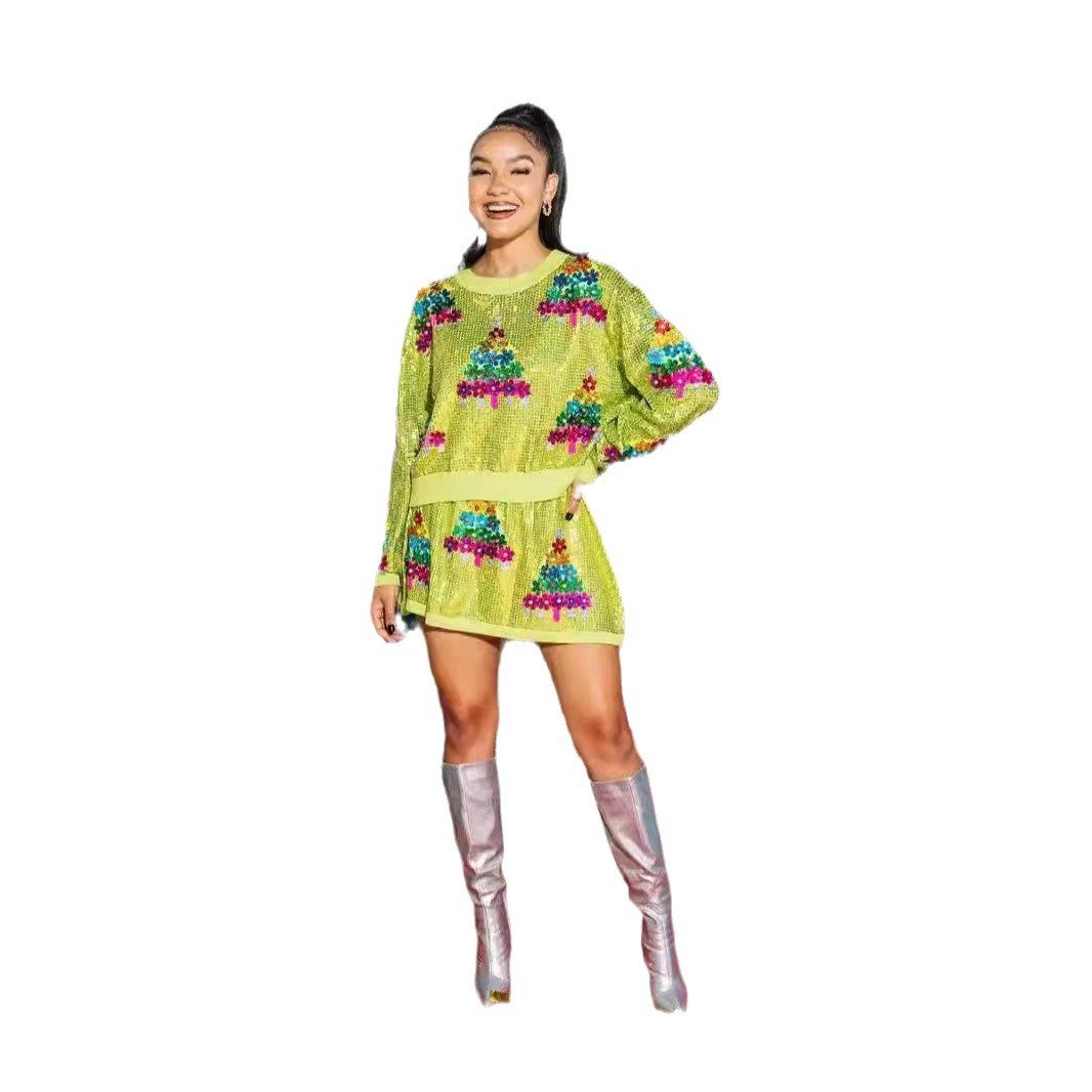 Christmas Tree Sequin Set Short Sleeve Two-piece Holiday Women's Set Christmas Tree Sequined Crew Neck T Shirts