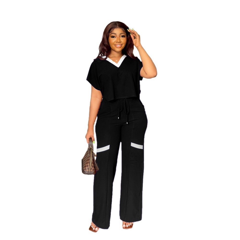 Europe and the United States solid color casual short-sleeved T-shirt sports suit straight leg pants summer two-piece set