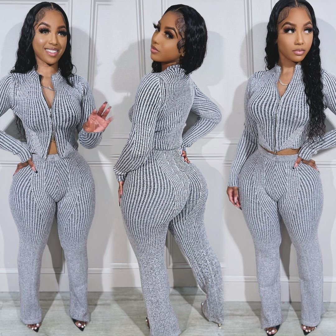 Peeqi NY8179 Autumn winter two piece pants set women's knitting suit sweater zipper striped crop top pants casual 2 pieces set
