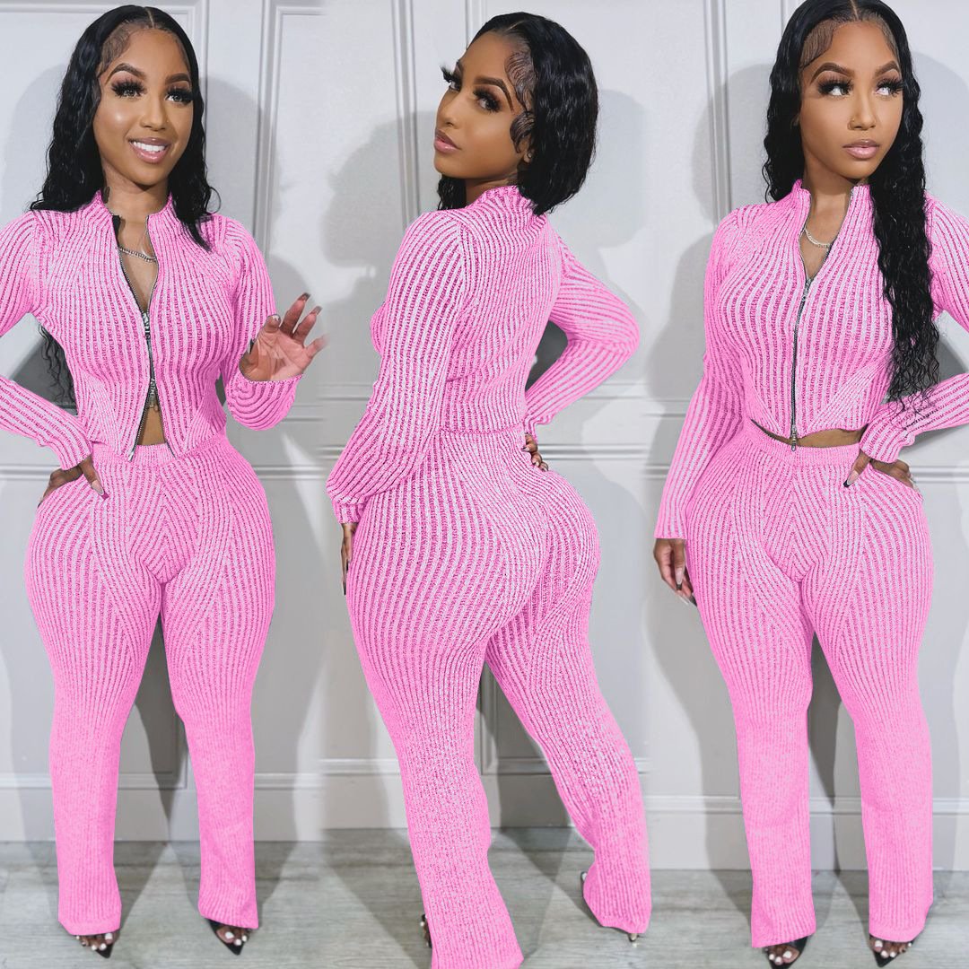 Peeqi NY8179 Autumn winter two piece pants set women's knitting suit sweater zipper striped crop top pants casual 2 pieces set