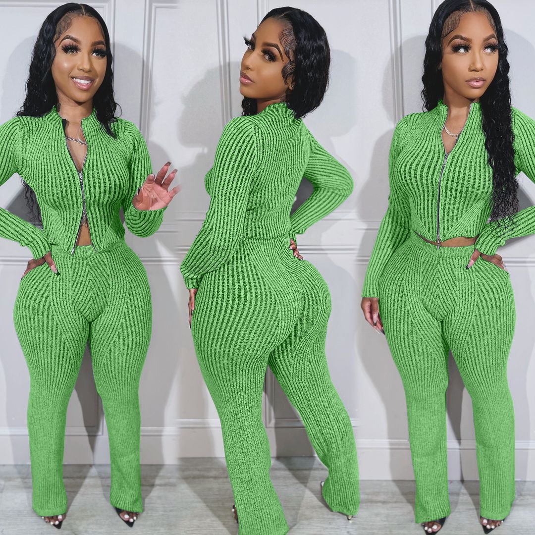 Peeqi NY8179 Autumn winter two piece pants set women's knitting suit sweater zipper striped crop top pants casual 2 pieces set