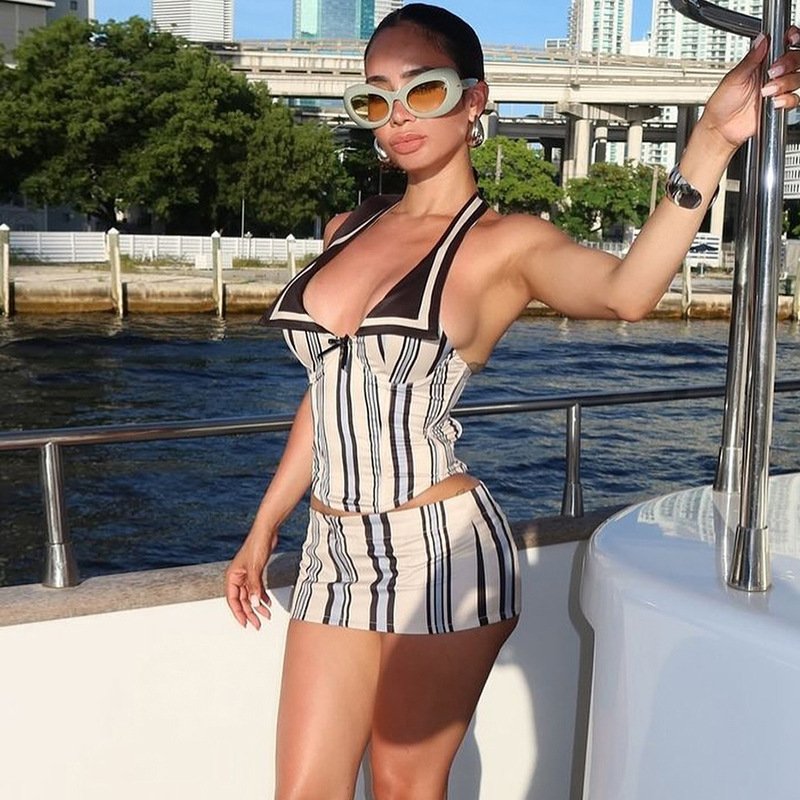 Peeqi K24S52280 sexy fashion summer sleeveless stripe printing crop top and short skirt 2 piece set bodycon casual women's set