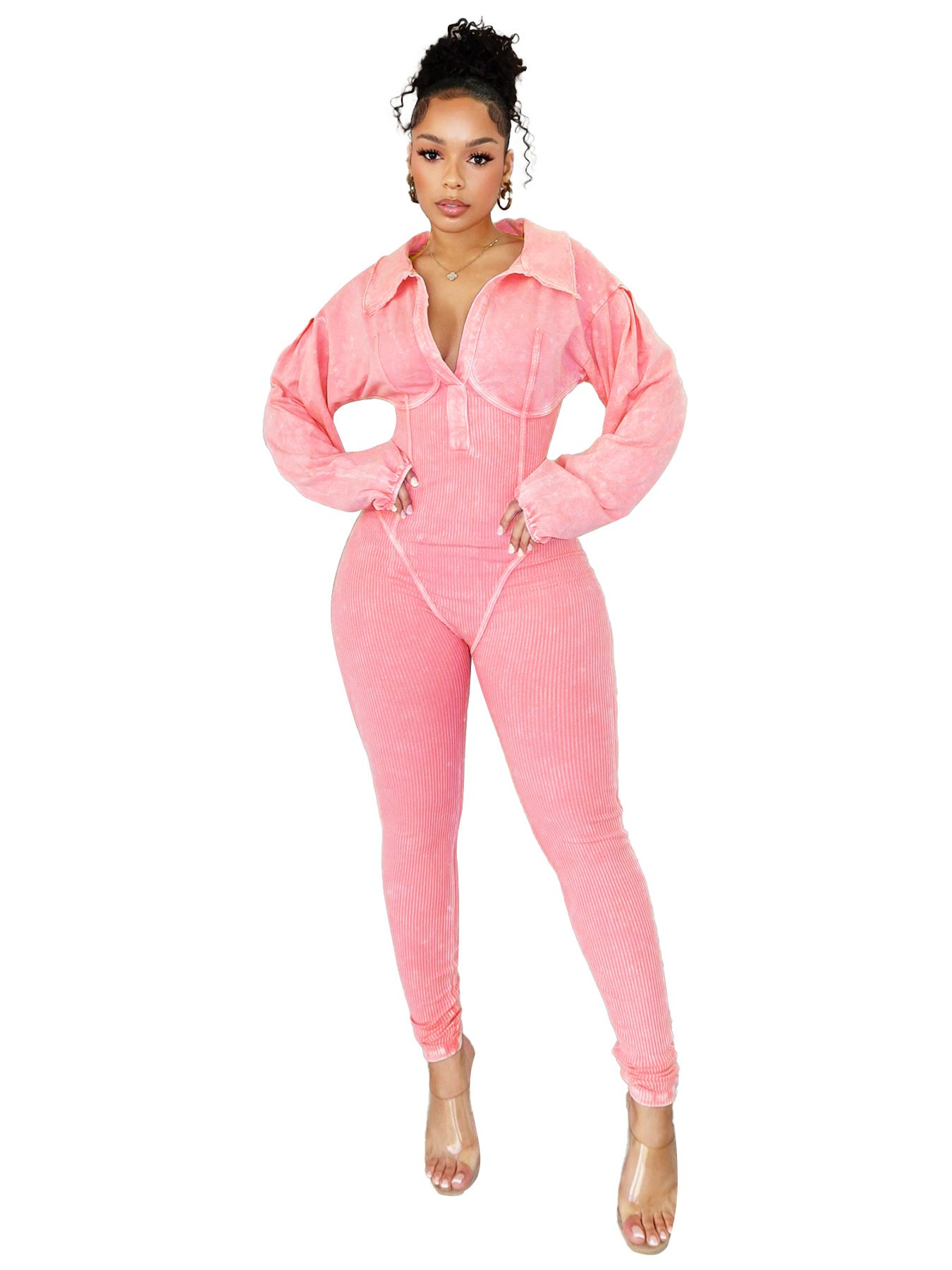 Wholesale Washed And Distressed Women'S Clothing Sexy V Neck Two Piece Set Long Sleeve Jumpsuit Casual Legging Women'S Sets