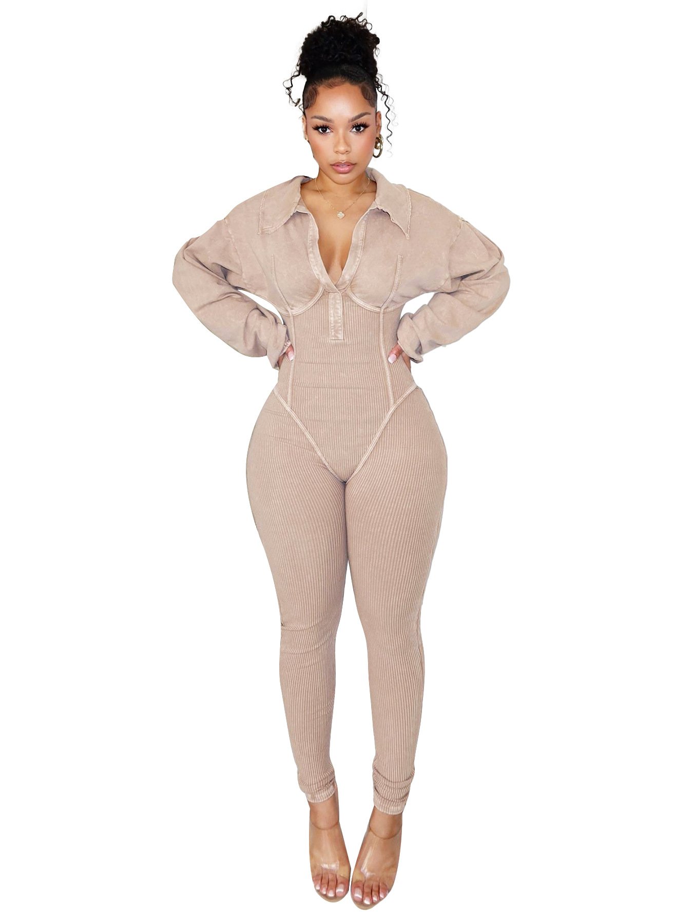 Wholesale Washed And Distressed Women'S Clothing Sexy V Neck Two Piece Set Long Sleeve Jumpsuit Casual Legging Women'S Sets