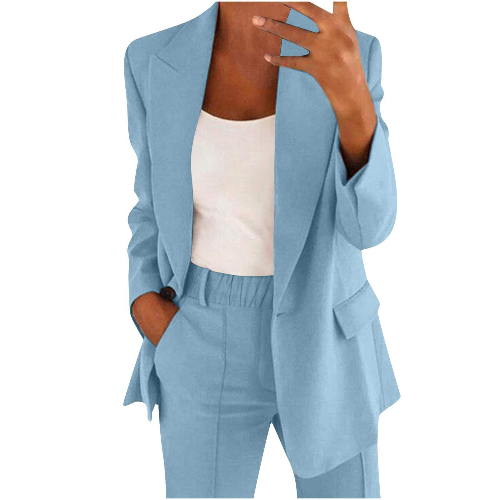 Women Oversized 2 Piece Business Casual Outfits Long Sleeve Open Front Lapel Collar Blazer Pants Set Work Pant Suits