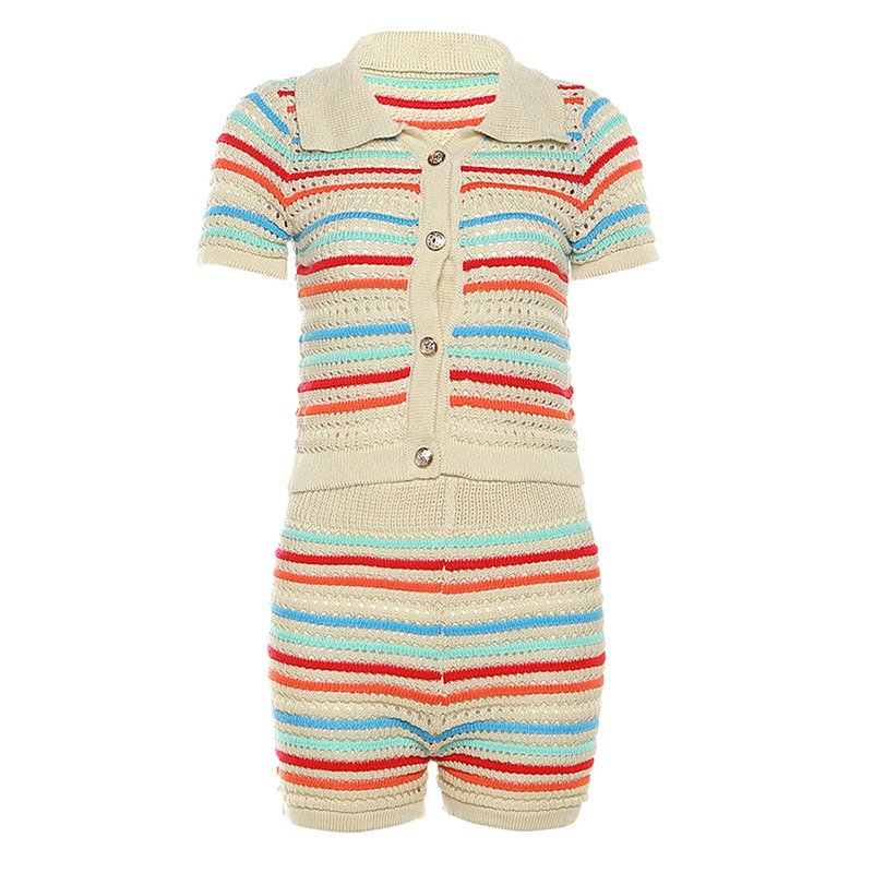 Casual Short Sleeve Color Blocking Stripe Button Sweaters Knit Top Shirt And Knit Shorts Ladies 2 Piece Short Set Women's Sets