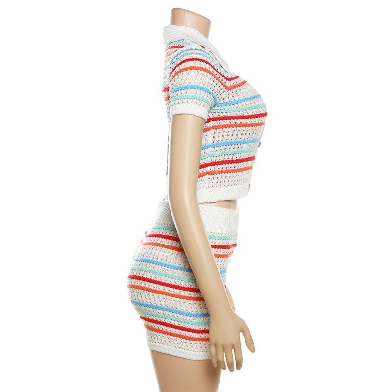 Casual Short Sleeve Color Blocking Stripe Button Sweaters Knit Top Shirt And Knit Shorts Ladies 2 Piece Short Set Women's Sets