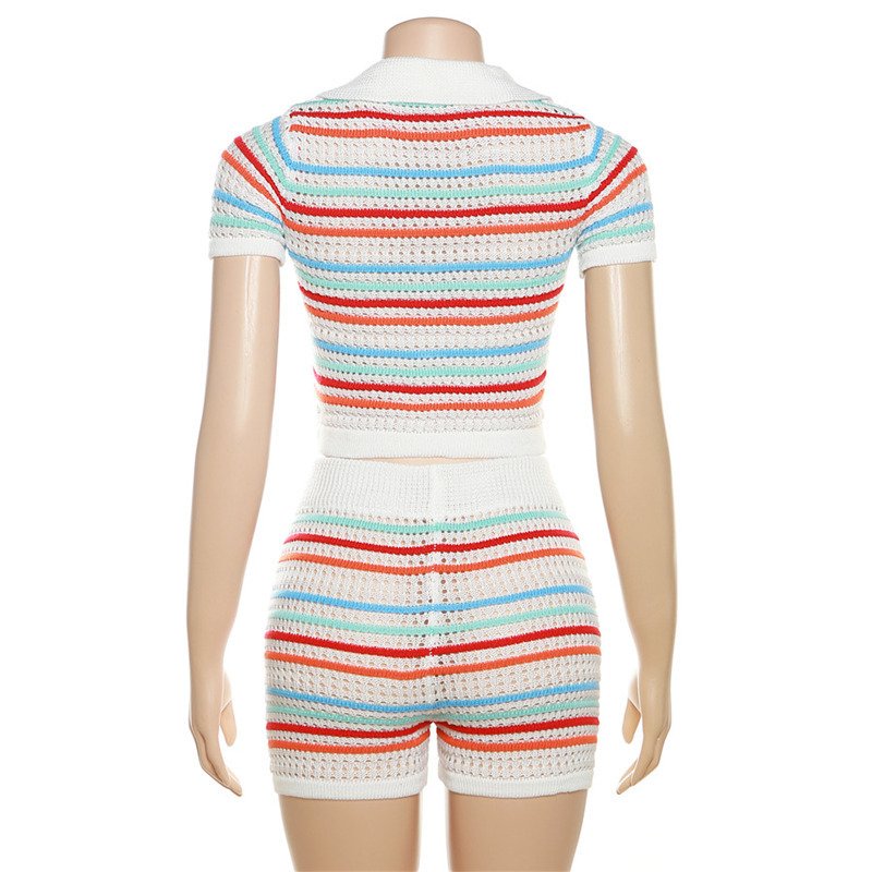 Casual Short Sleeve Color Blocking Stripe Button Sweaters Knit Top Shirt And Knit Shorts Ladies 2 Piece Short Set Women's Sets