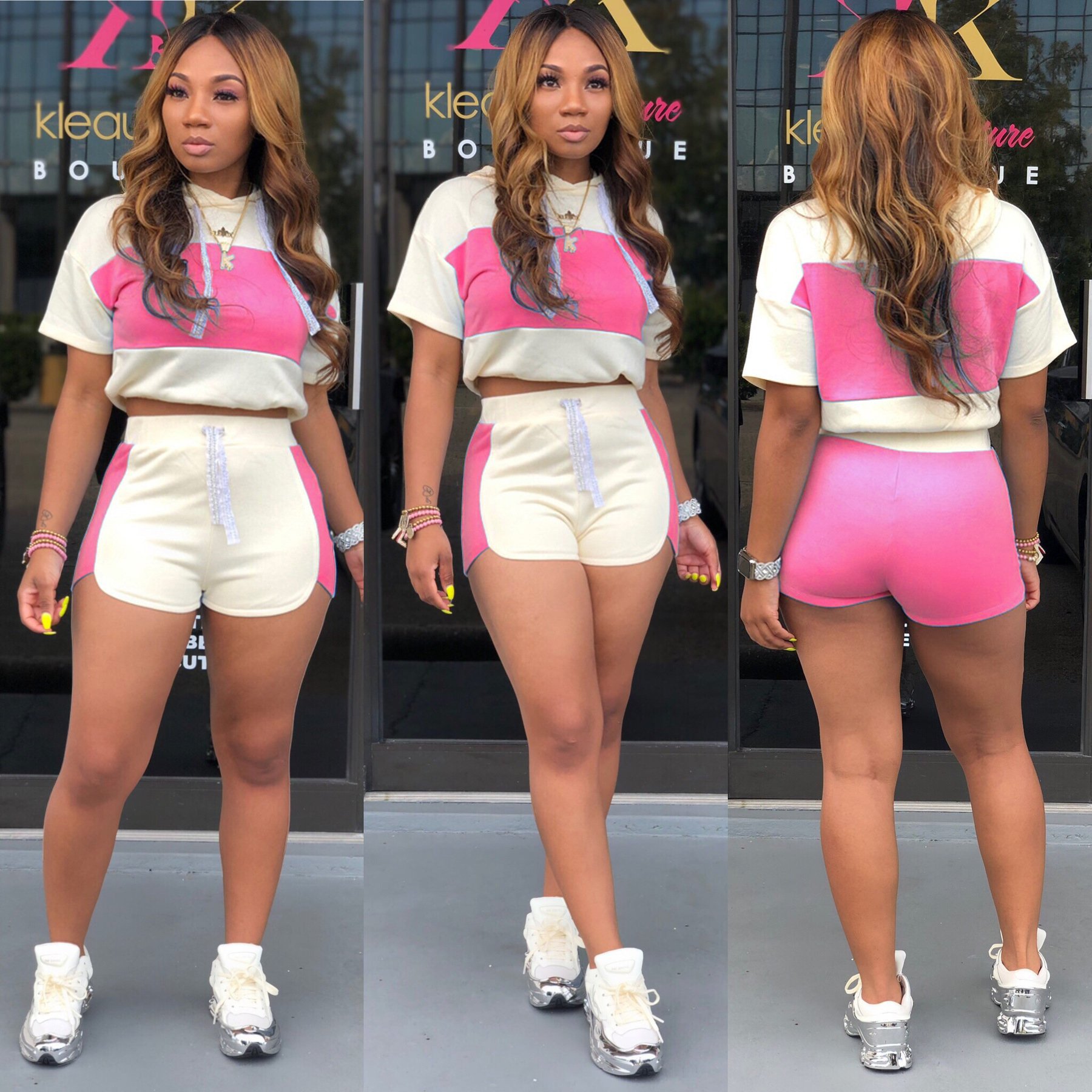 2024 wholesale women casual two piece sets block cropped hoodie biker shorts summer outfits fashion new arrival clothing