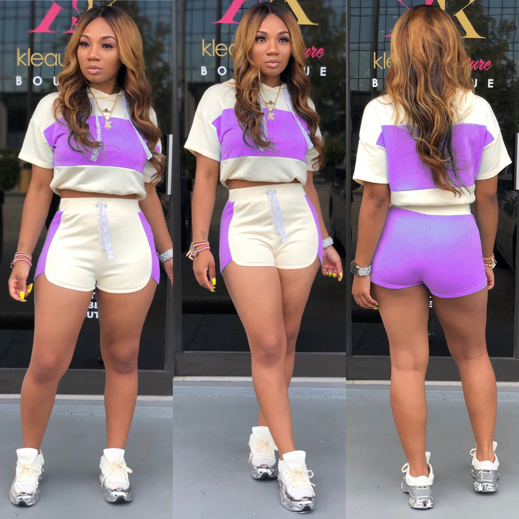 2024 wholesale women casual two piece sets block cropped hoodie biker shorts summer outfits fashion new arrival clothing