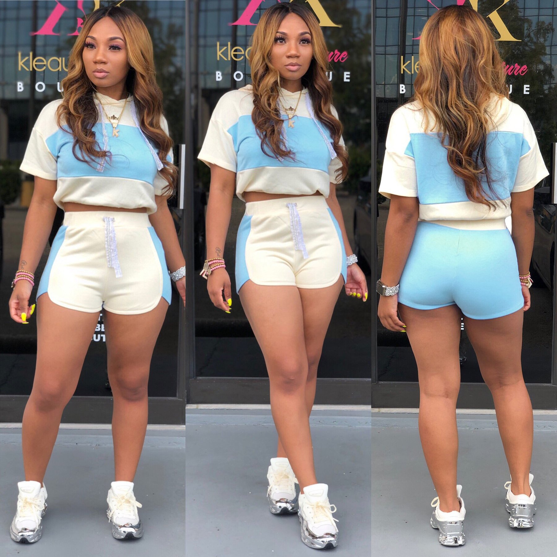 2024 wholesale women casual two piece sets block cropped hoodie biker shorts summer outfits fashion new arrival clothing