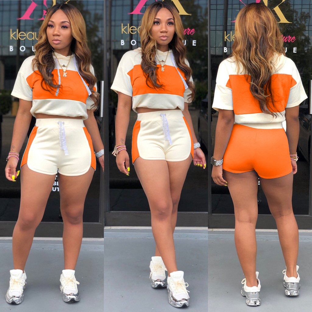 2024 wholesale women casual two piece sets block cropped hoodie biker shorts summer outfits fashion new arrival clothing