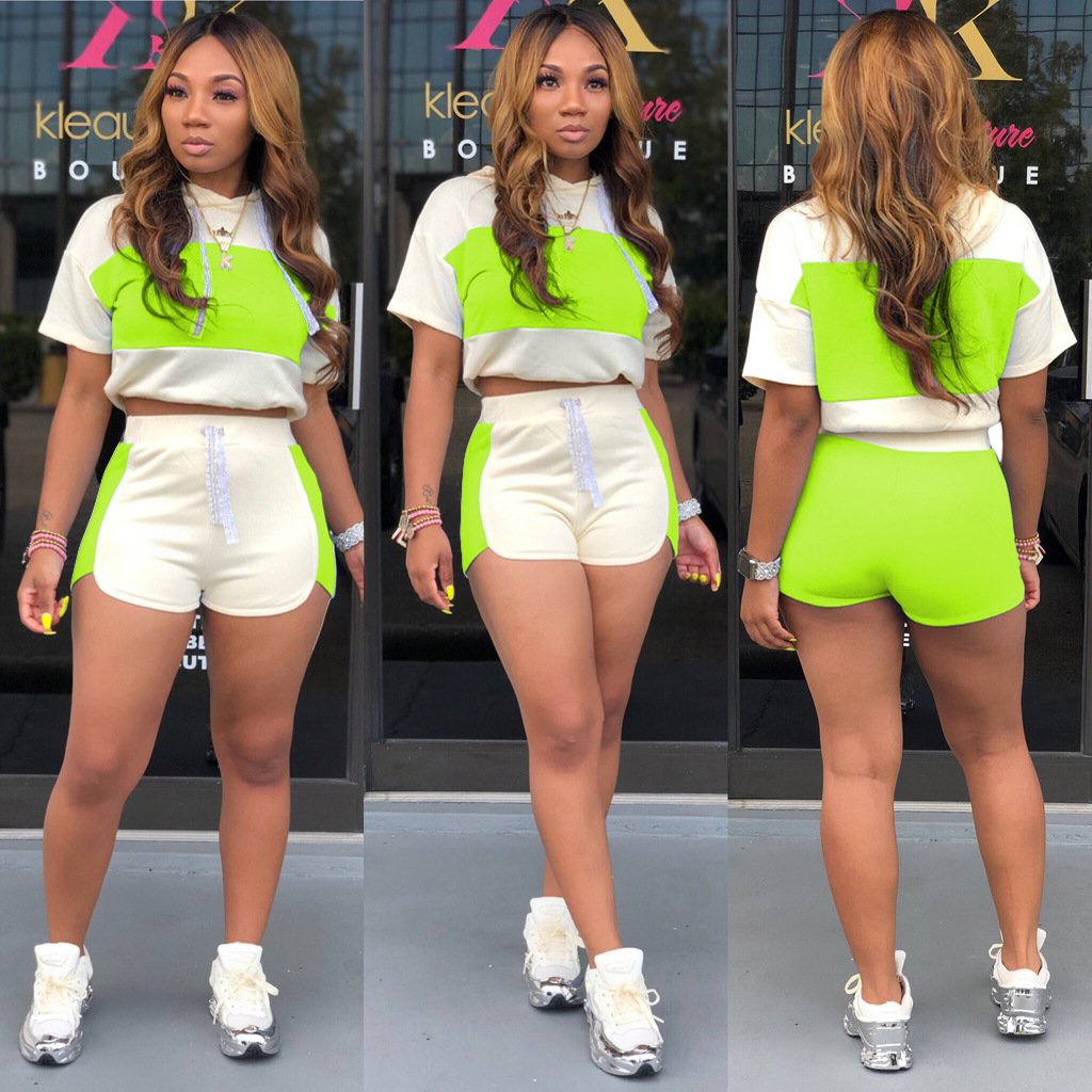 2024 wholesale women casual two piece sets block cropped hoodie biker shorts summer outfits fashion new arrival clothing