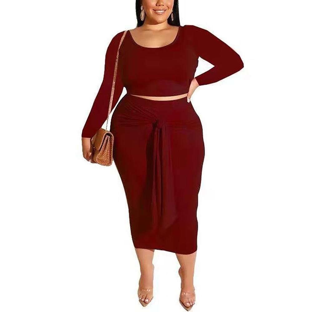 Woman skinny long sleeve tops and midi skirts plus size sets