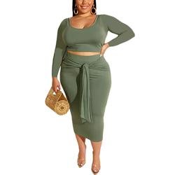 Woman skinny long sleeve tops and midi skirts plus size sets