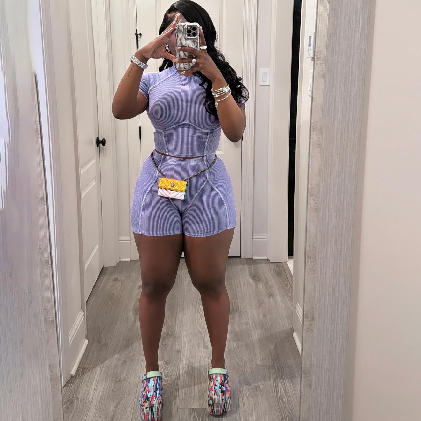 Custom Logo Women Short Sleeve Ribbed Cropped Shorts Sets Women's Gym Biker Two Piece Short Set