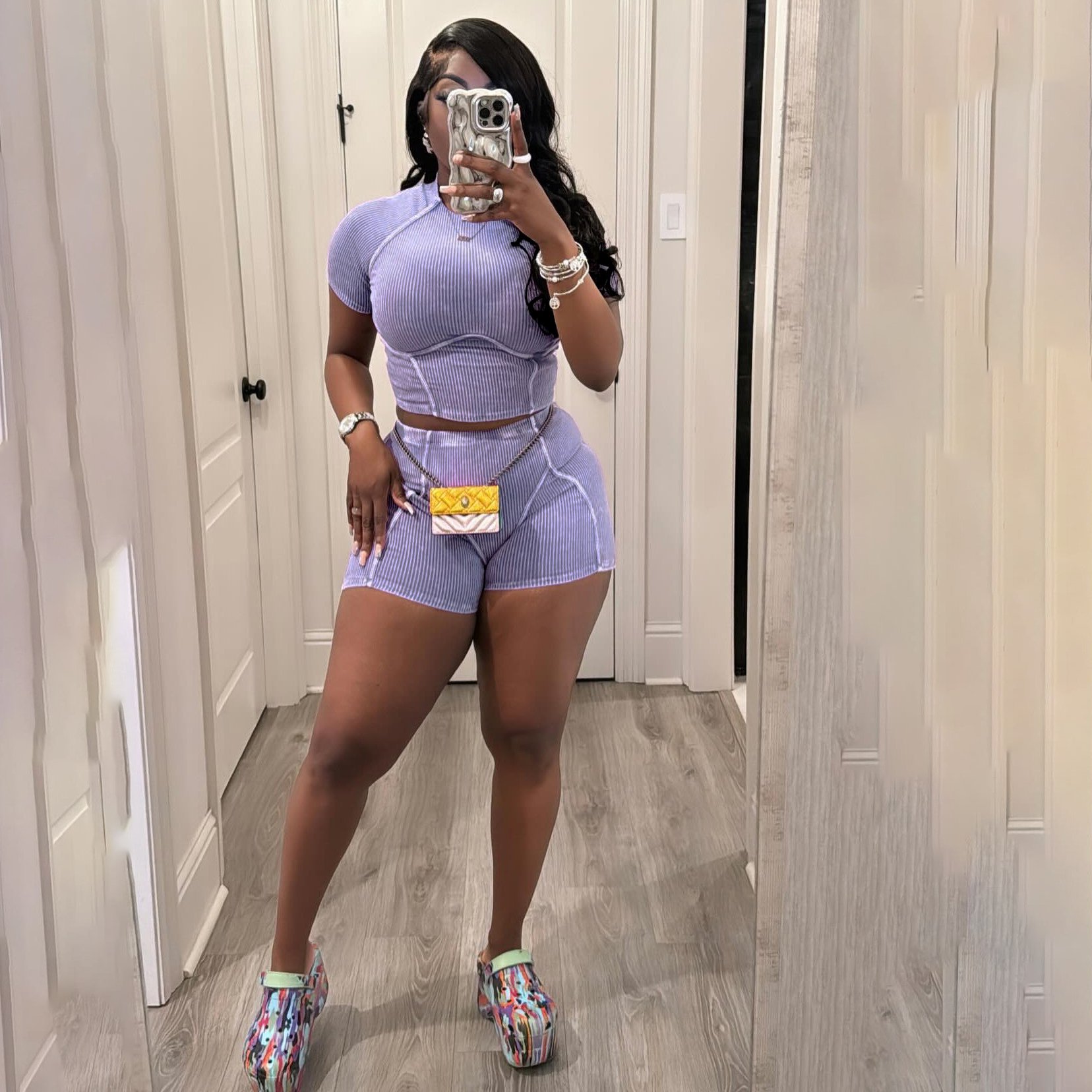 Custom Logo Women Short Sleeve Ribbed Cropped Shorts Sets Women's Gym Biker Two Piece Short Set