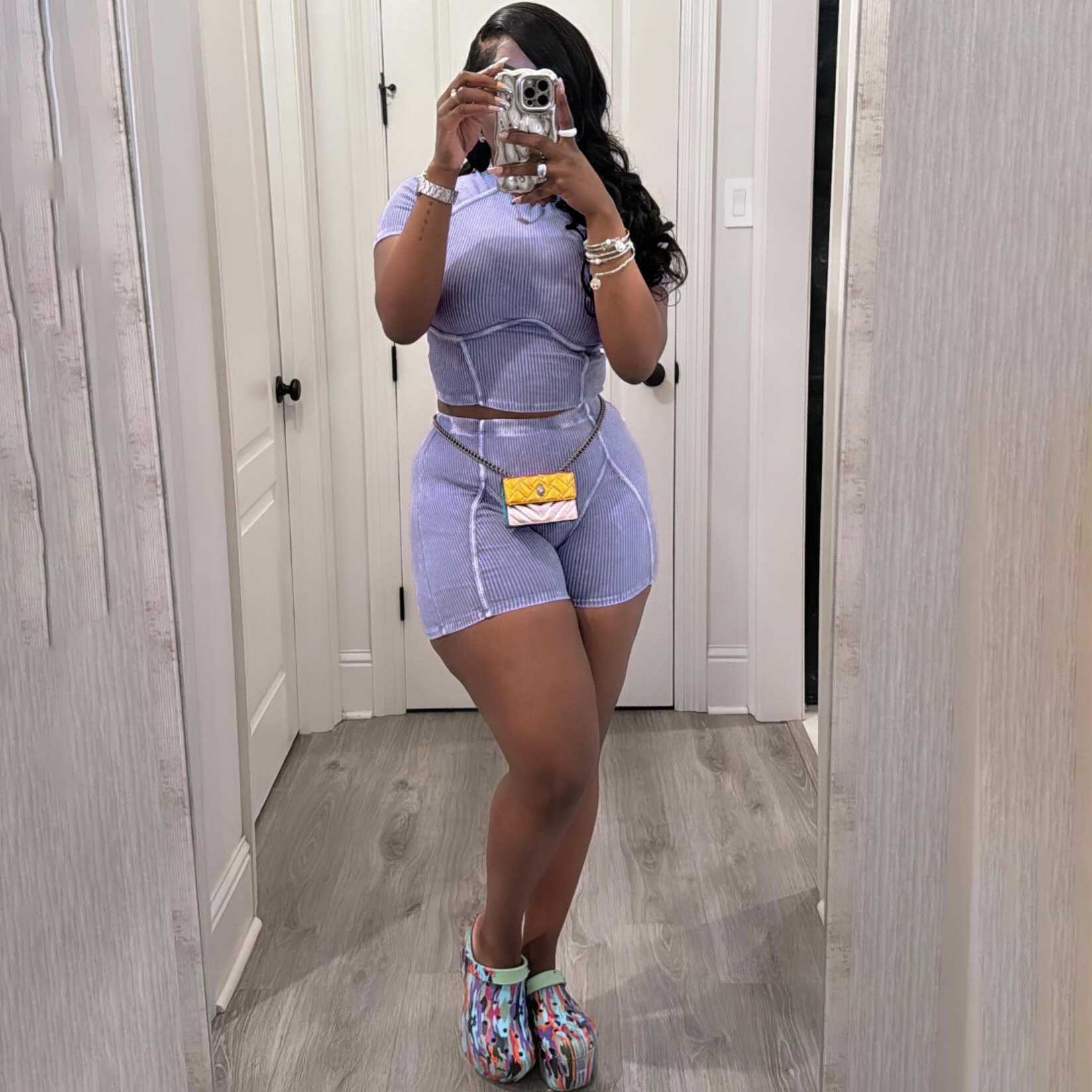 Custom Logo Women Short Sleeve Ribbed Cropped Shorts Sets Women's Gym Biker Two Piece Short Set