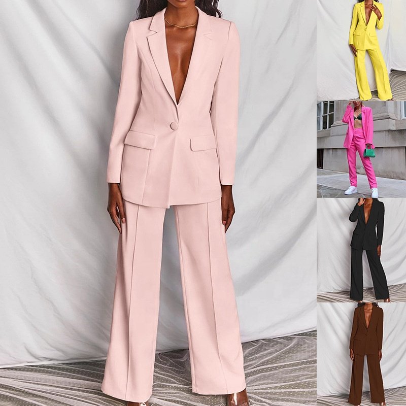 Women's 2 Piece Suits Set Slim Fit Solid Blazer Pants Casual Office Lady Suit Work Blazer Sets